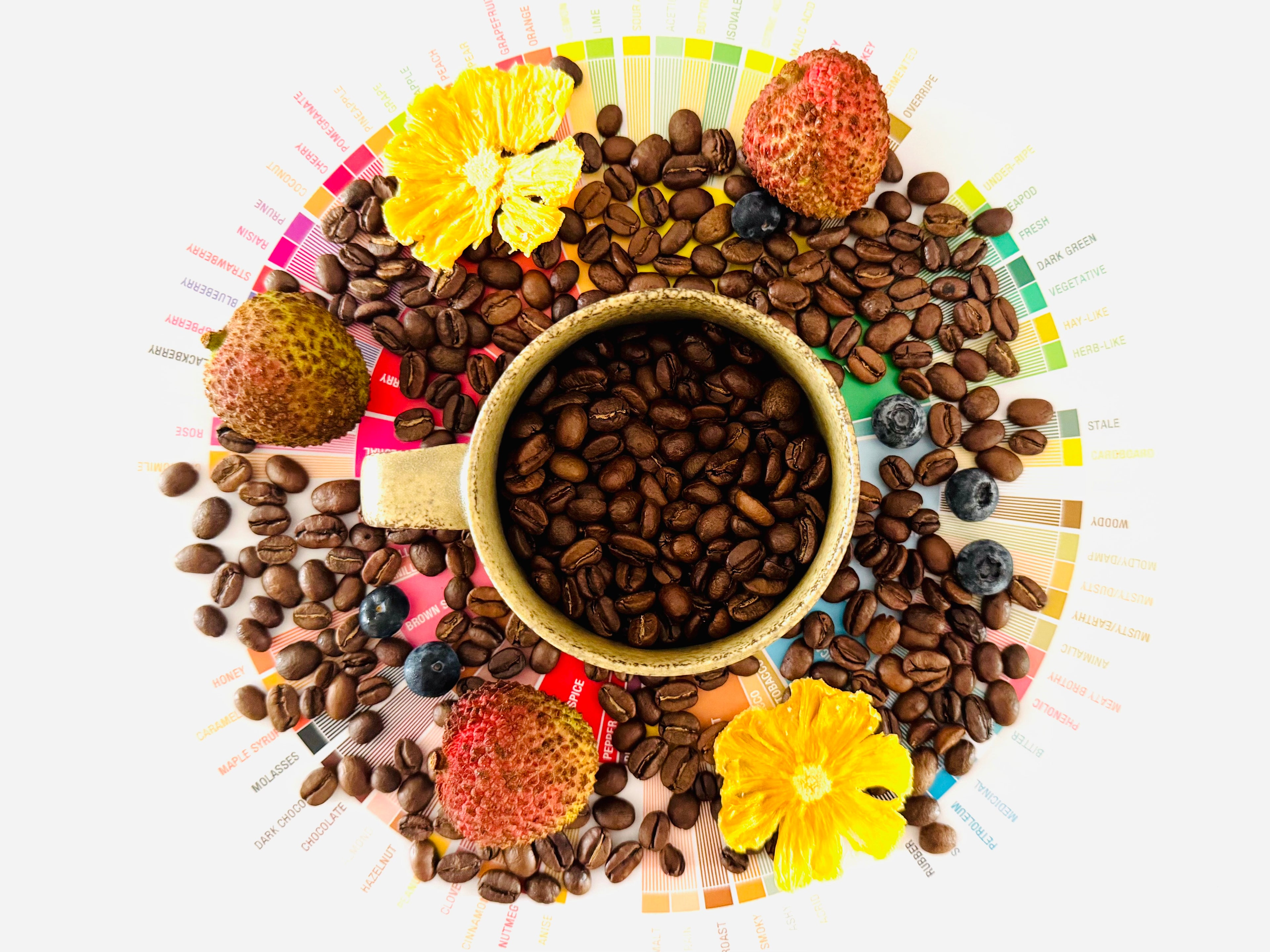 Top-down view of roasted specialty coffee beans mixed with lychee fruit and a ceramic cup featuring a crema swirl – Alt Brew Coffee Singapore, curators of co-fermented and alternative origin coffees.